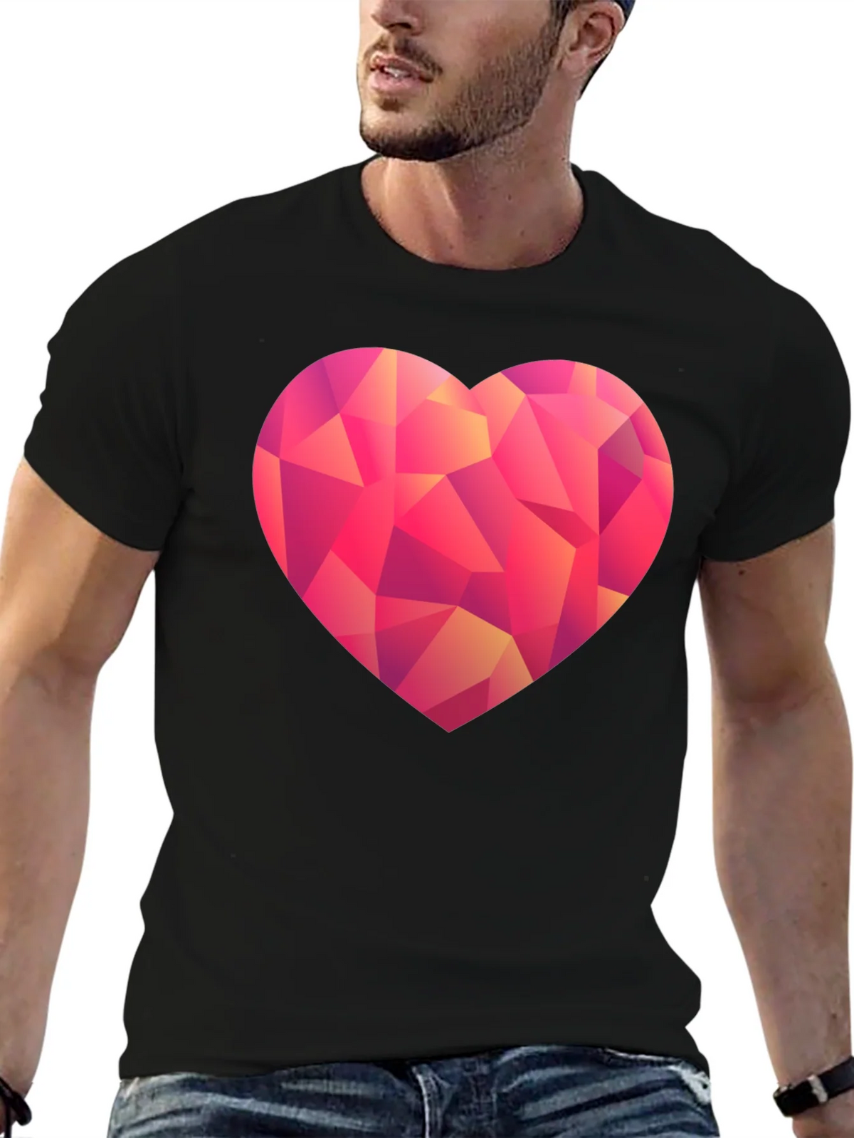 Geometric Heart Print Black T-Shirt