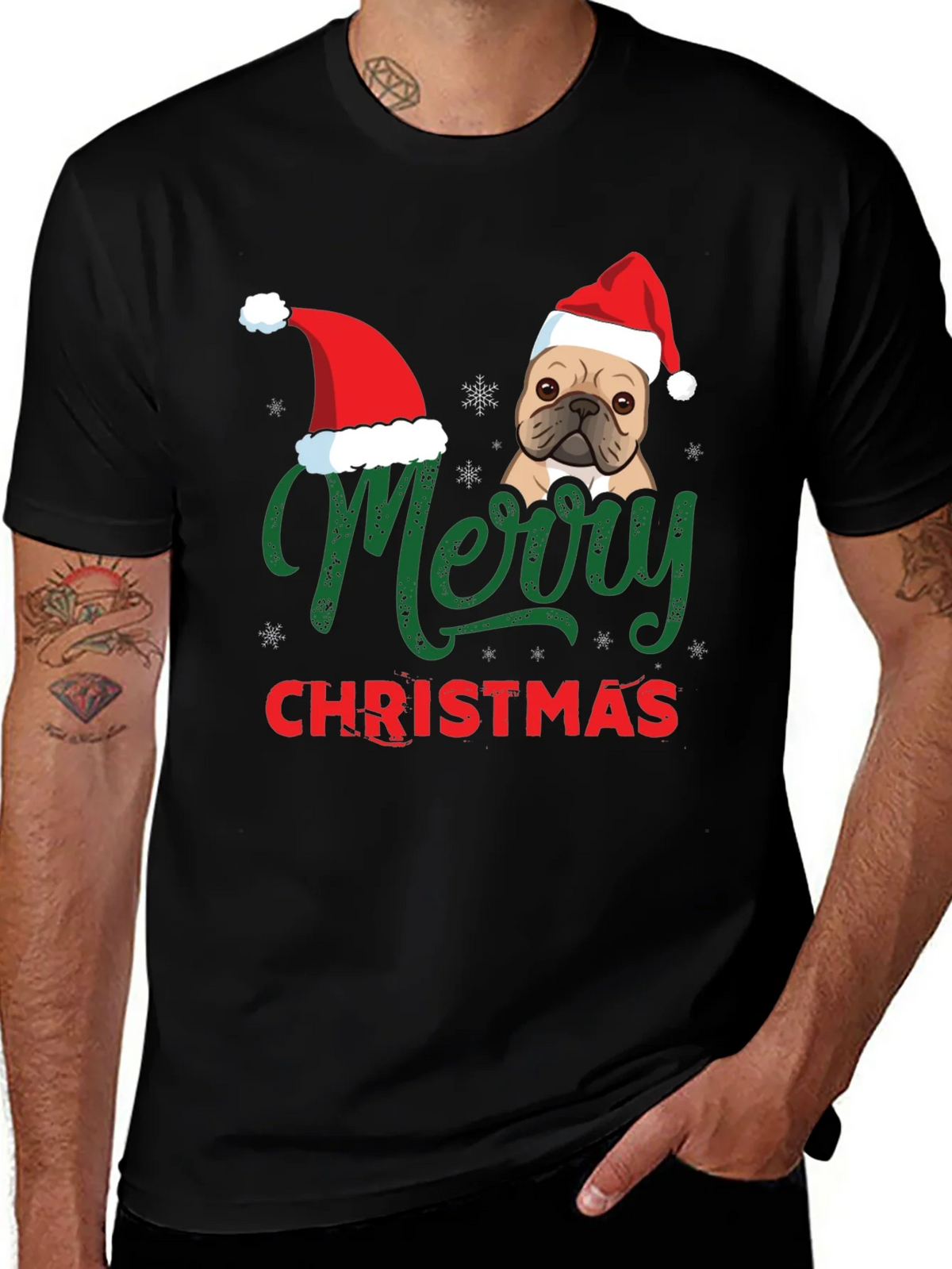 Merry Christmas Dog Santa Hat Graphic T-Shirt