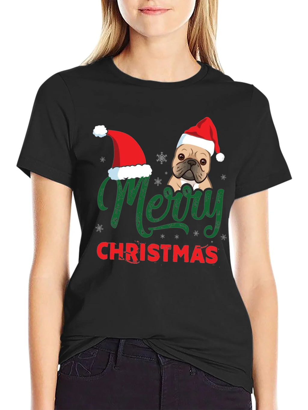 Merry Christmas Dog Santa Hat Graphic T-Shirt