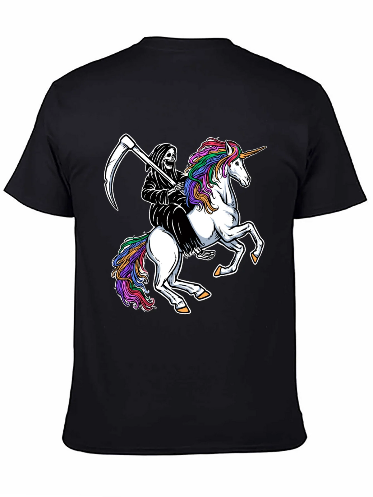 Grim Reaper Riding Unicorn Black T-Shirt