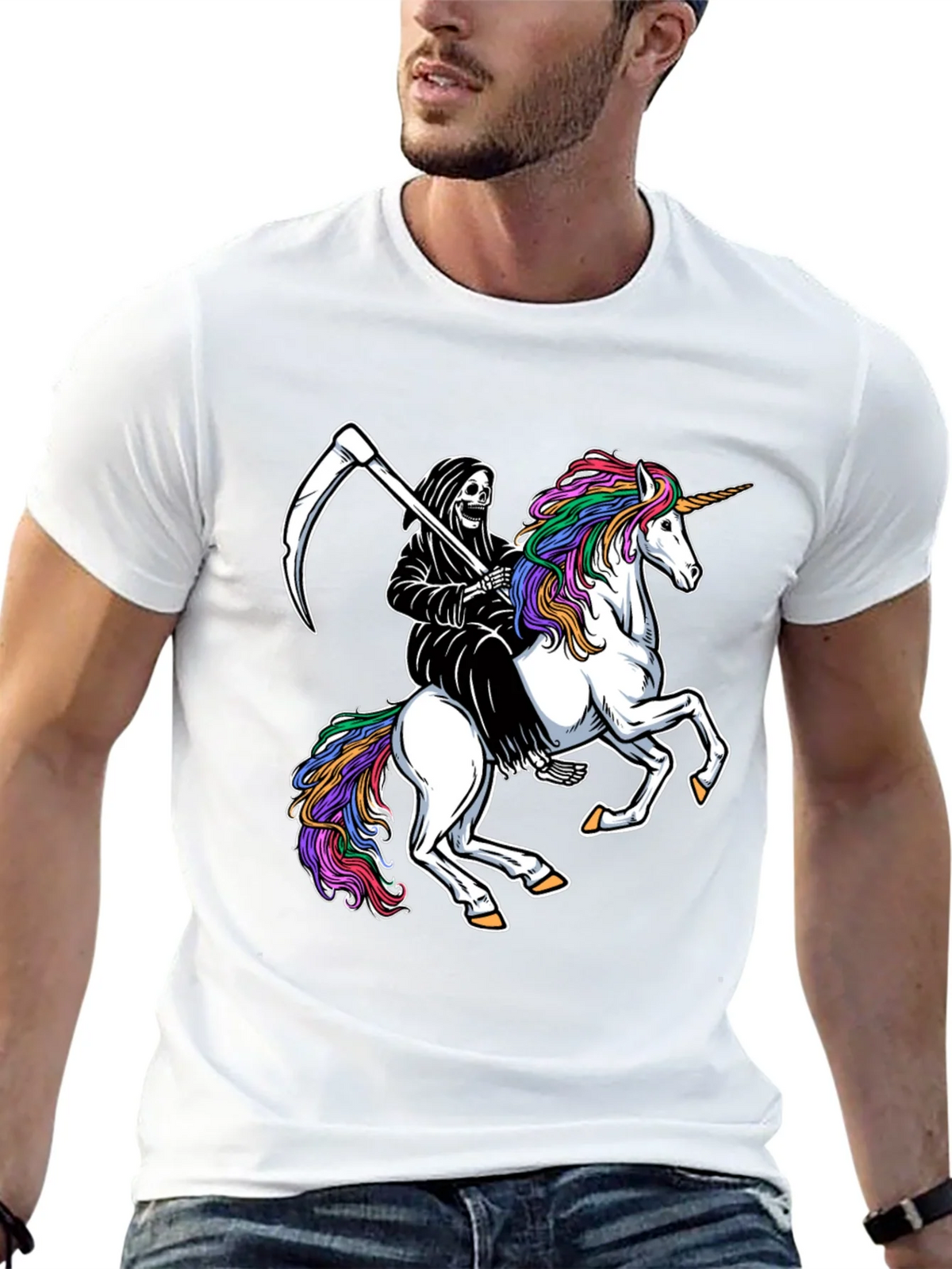 Grim Reaper Riding Unicorn Black T-Shirt