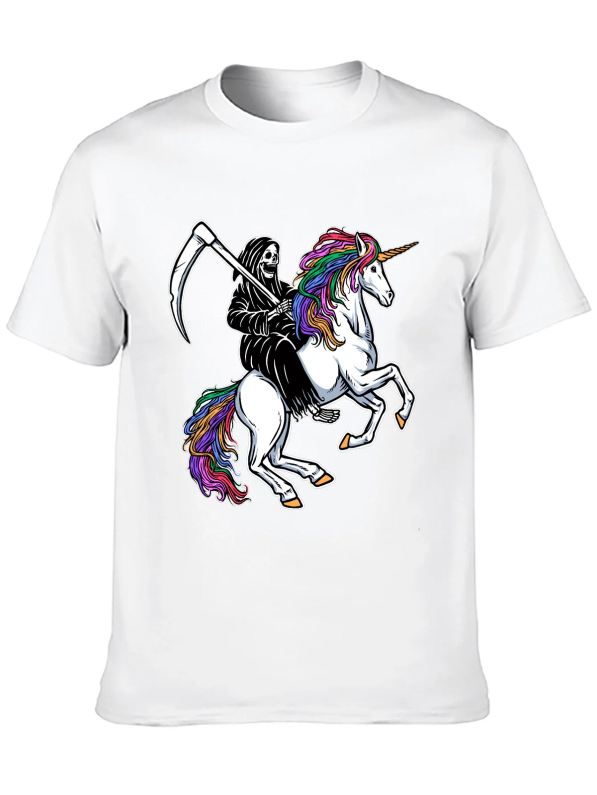 Grim Reaper Riding Unicorn Black T-Shirt