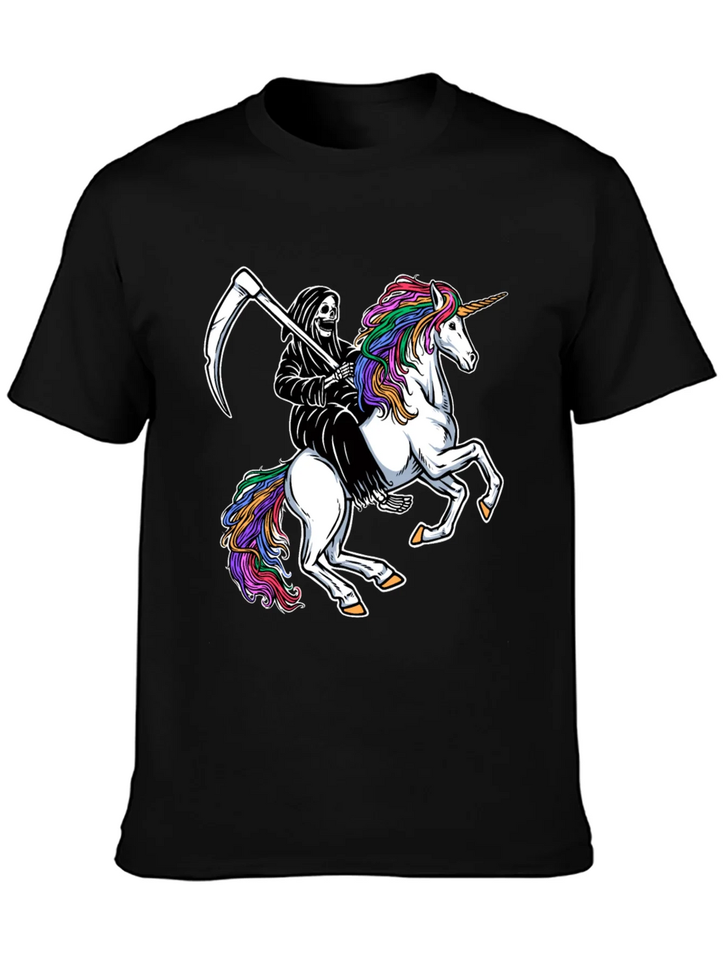 Grim Reaper Riding Unicorn Black T-Shirt