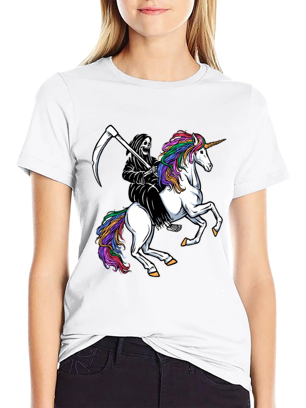 Grim Reaper Riding Unicorn Black T-Shirt