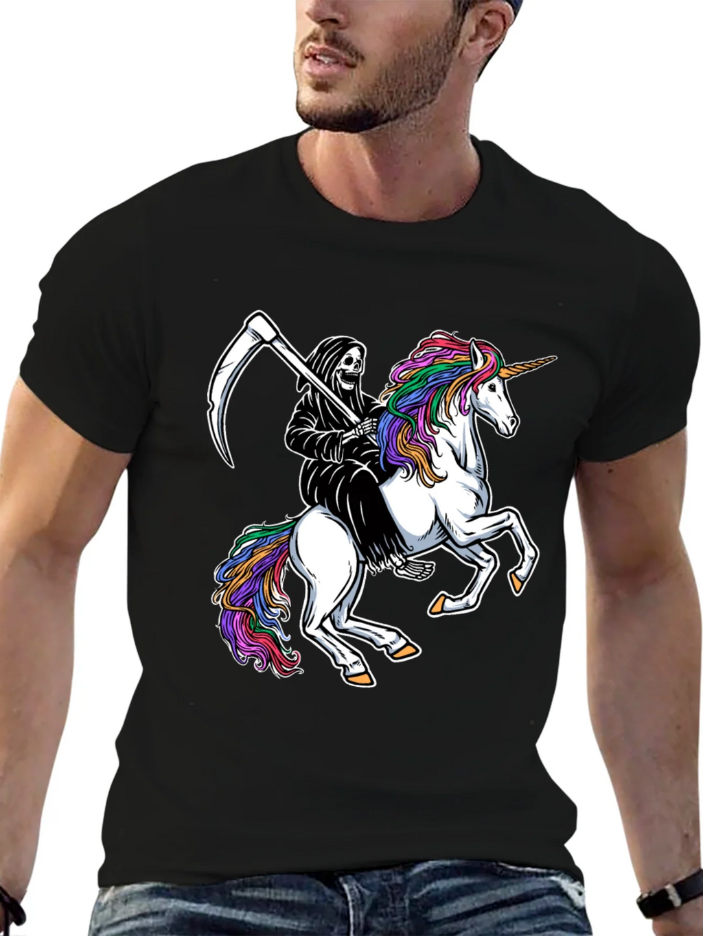 Grim Reaper Riding Unicorn Black T-Shirt