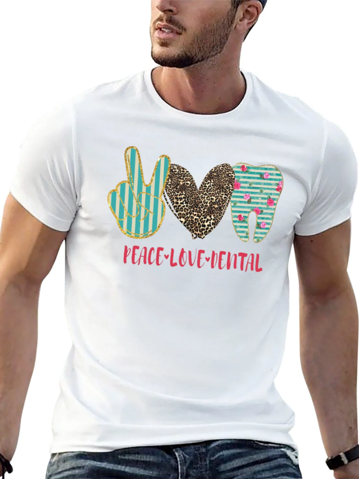 Peace Love Dental T-Shirt Black Cotton Casual Graphic Tee