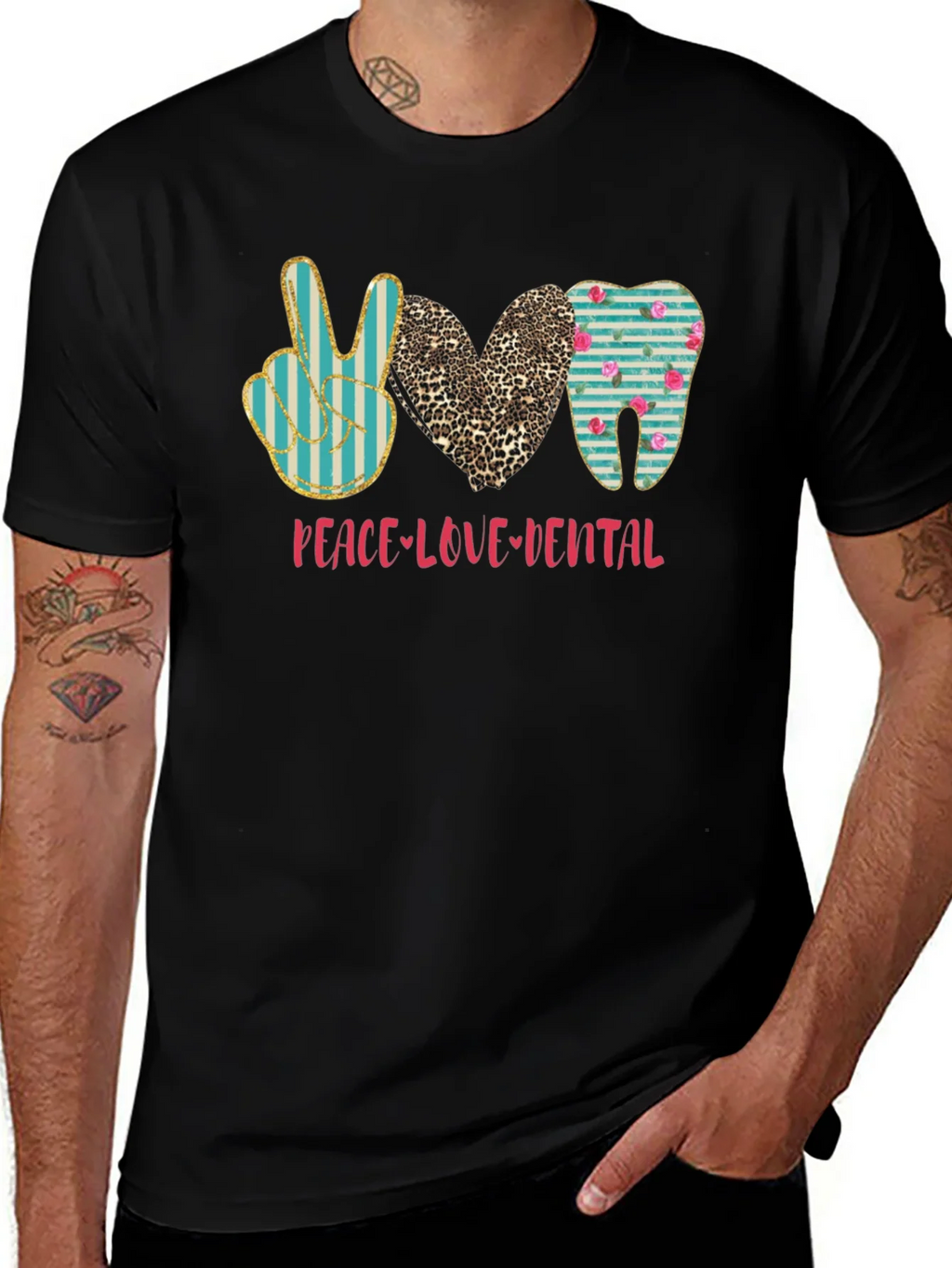 Peace Love Dental T-Shirt Black Cotton Casual Graphic Tee