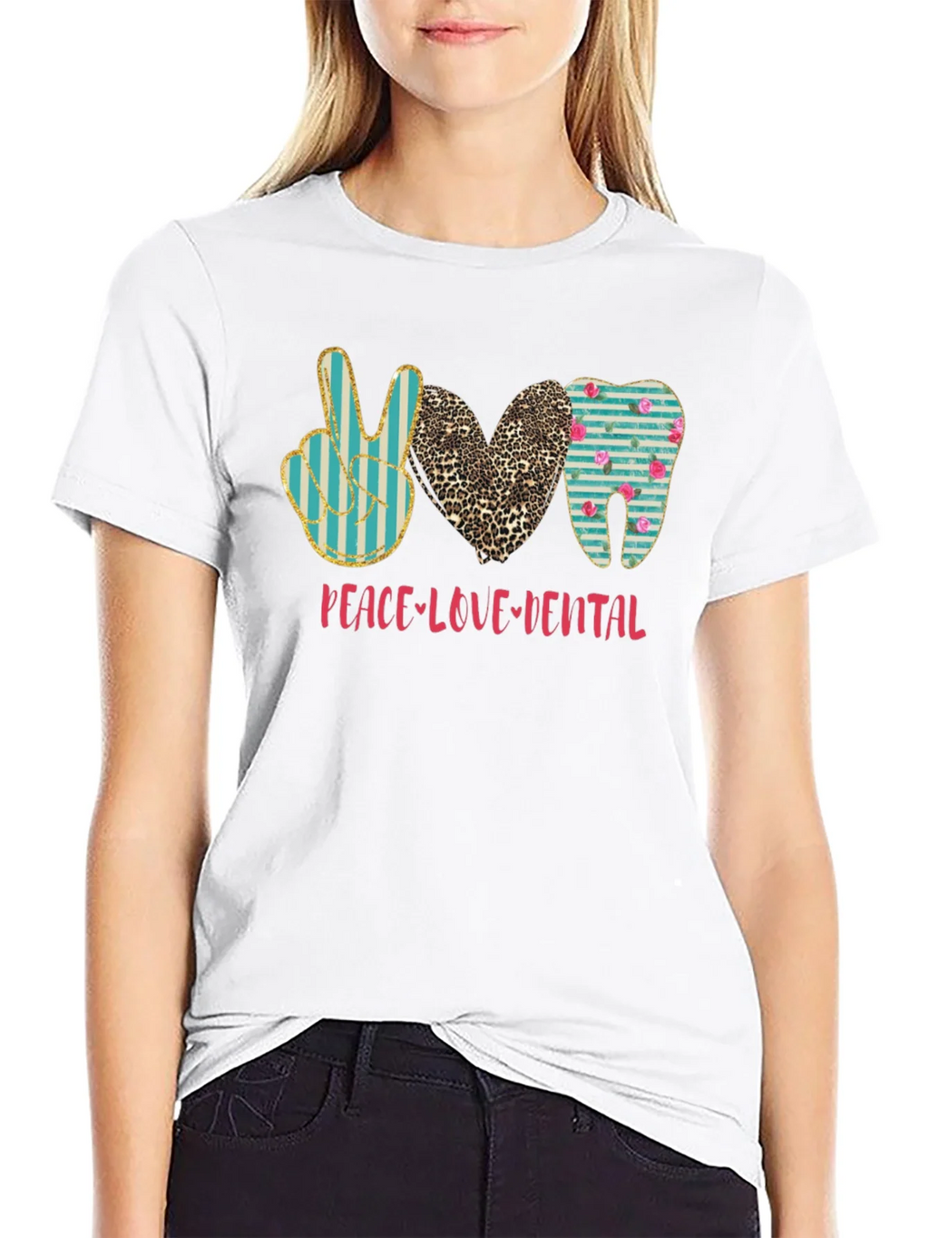 Peace Love Dental T-Shirt Black Cotton Casual Graphic Tee