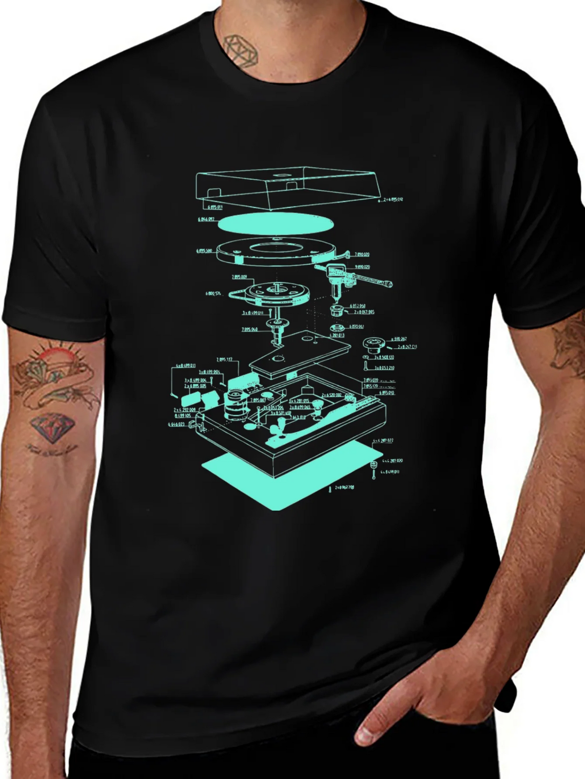 Turntable Schematic Graphic Tee - Cool Music Lover Design