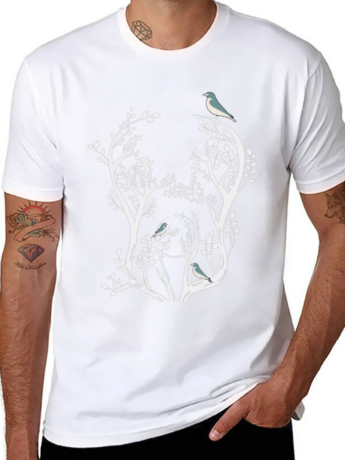 Nature Inspired Bird & Tree Graphic Black T-Shirt