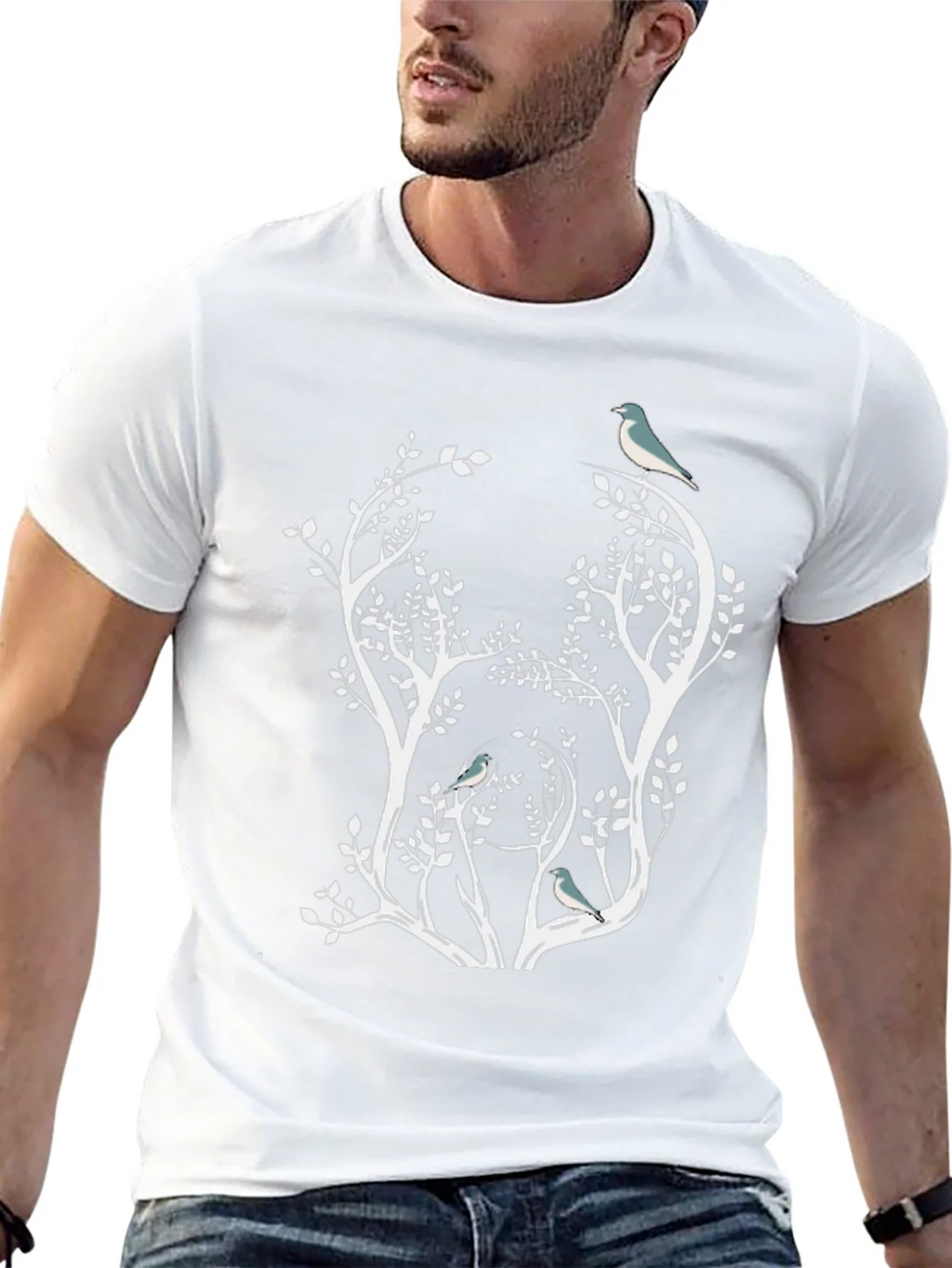Nature Inspired Bird & Tree Graphic Black T-Shirt
