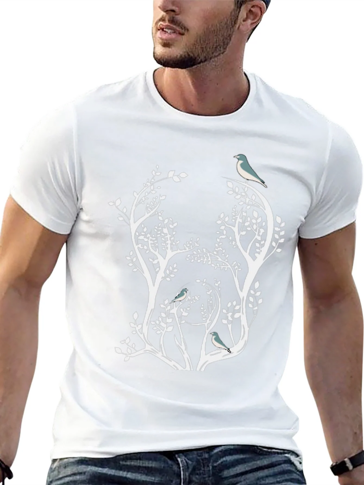Nature Inspired Bird & Tree Graphic Black T-Shirt