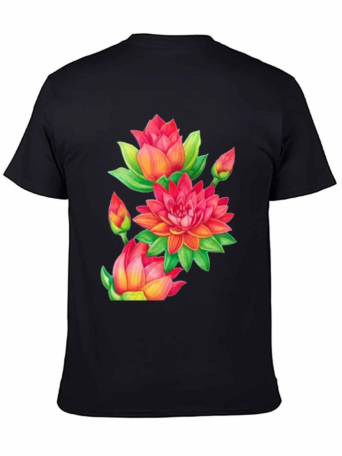 Floral Lotus Print Black T-Shirt