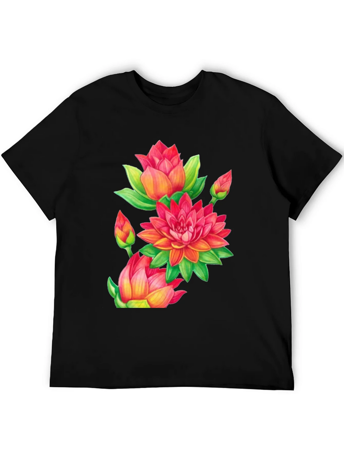 Floral Lotus Print Black T-Shirt