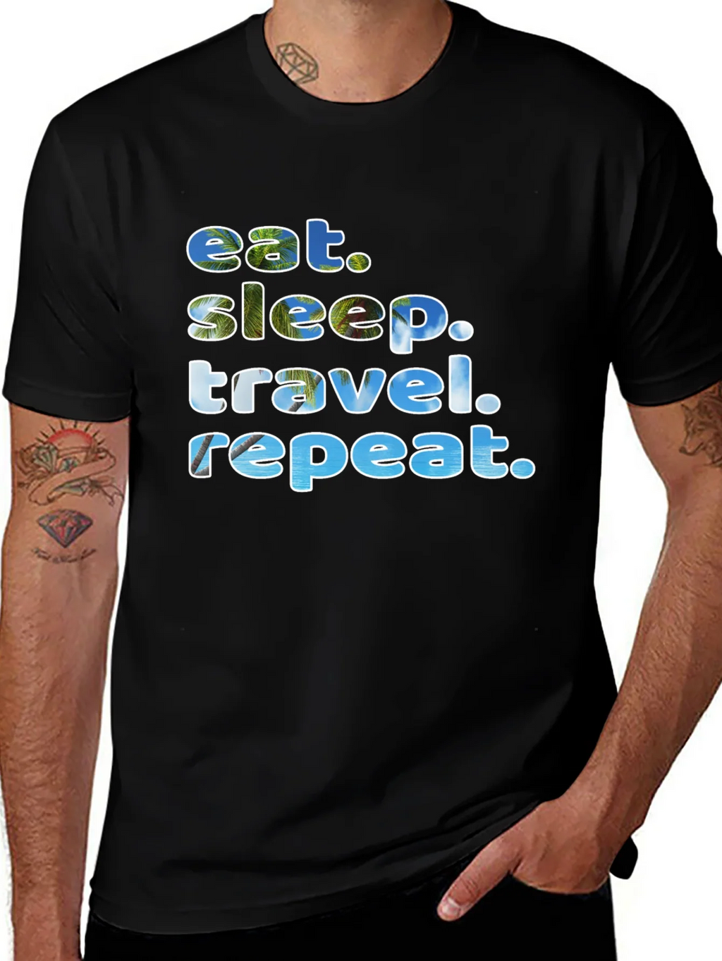 Eat Sleep Travel Repeat Black Graphic T-Shirt